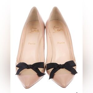 Christian Louboutin Nude Love Me Pointed-Toe Pumps with Black Bow